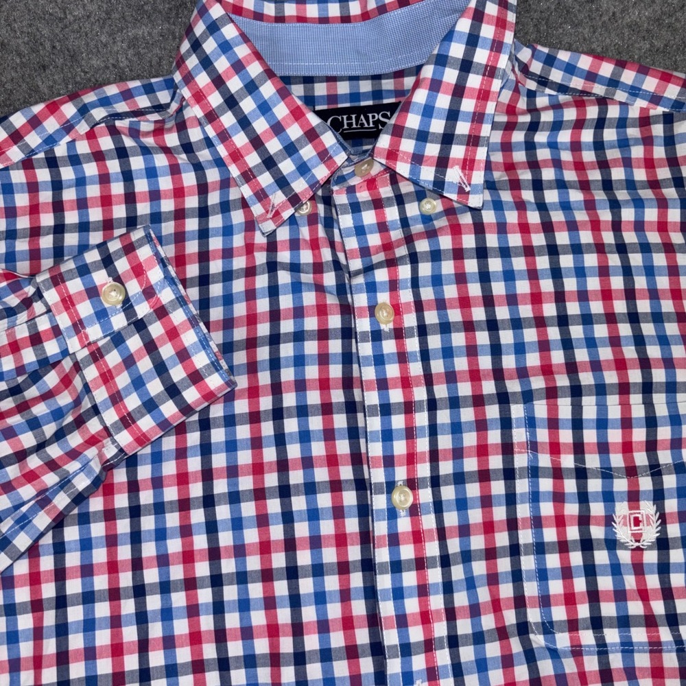 Chaps Button Down Shirt Mens Large Red Blue Gingham Long Sleeve Easy Care Pocket